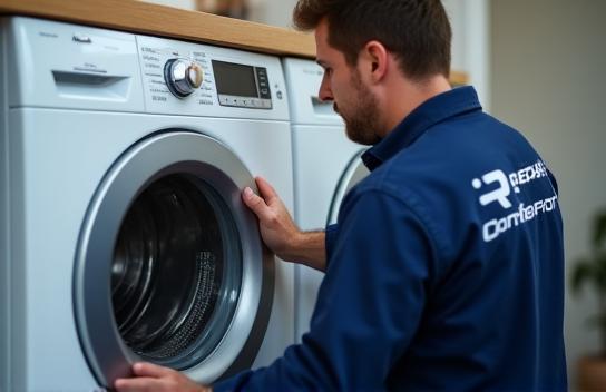 Technicien Répar'Confort en intervention sur un lave-linge