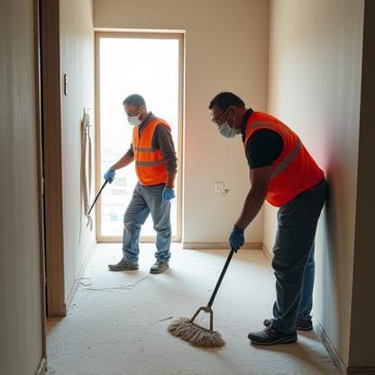 Cleaning crew removing construction dust from a new flat