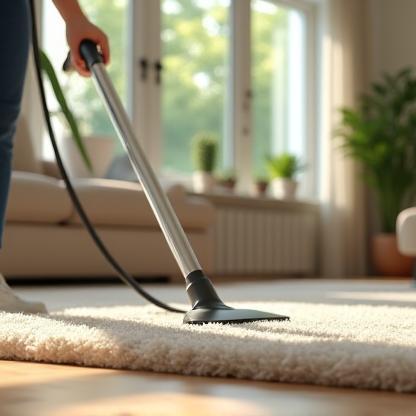 Cleaner vacuuming a tidy living room