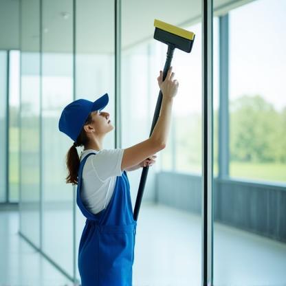 Cleaner polishing floor-to-ceiling glass windows